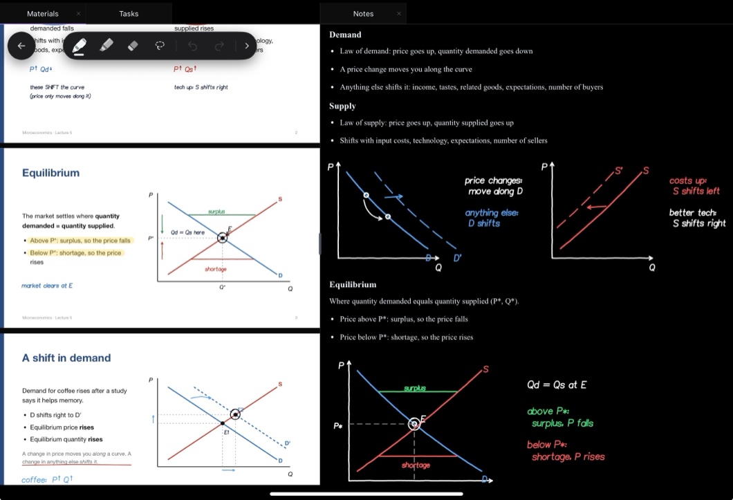Brunnr on the iPad: economics slides marked up in ink beside a note of typed bullets and hand-drawn supply and demand graphs